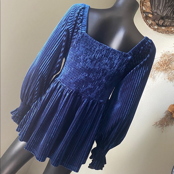 BloomChic Fabulous Blue Velvet Blouse - Picture 9 of 13